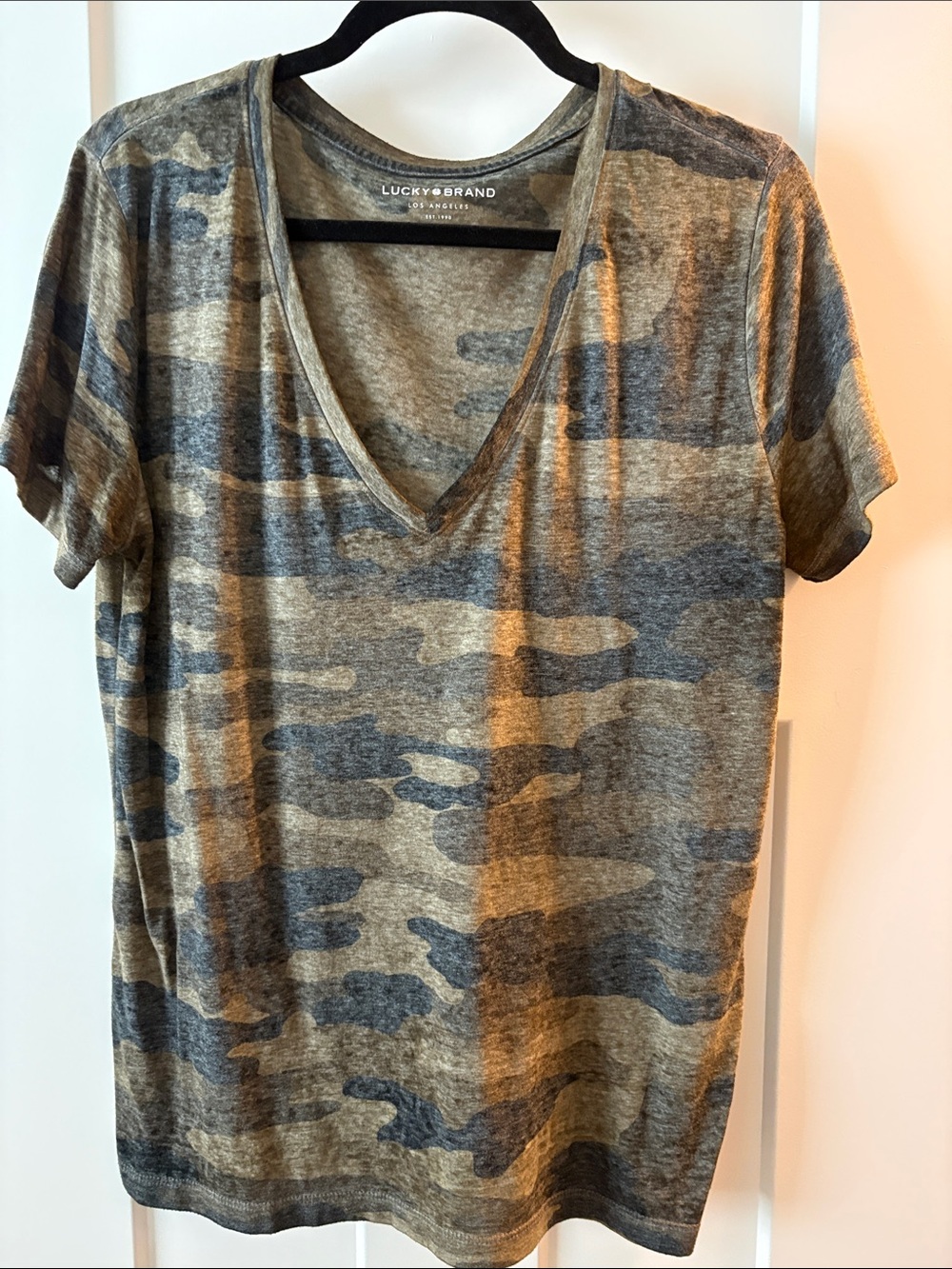Lucky Brand Women’s Camo V-Neck Tee in Olive and Gray